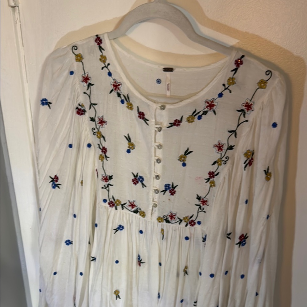 Free People White Blouse with Colorful Embroidery